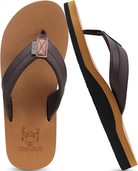 KuaiLu Men's Yoga Mat Leather Flip Flops with Arch Support Comfortable Cushion Walking Thong Sandals Slip On Indoor Outdoor photo