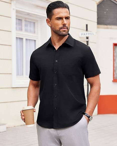 Alimens & Gentle Mens Short Sleeve Dress Shirt Wrinkle Free Solid Casual Button Down Shirts for Summer Business photo