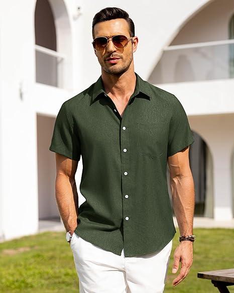Alimens & Gentle Mens Linen Shirts Short Sleeve Button Down Shirts Wrinkle Free Casual Vacation Beach Summer Tops photo