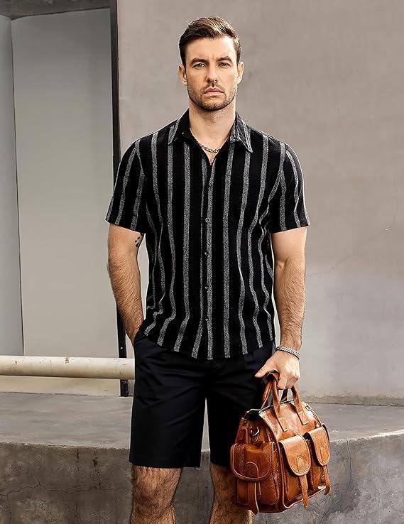 ATPAVE Mens Summer Striped Shirts Button Down Short Sleeve Vintage Beach Hawaiian Shirts with Pocket photo