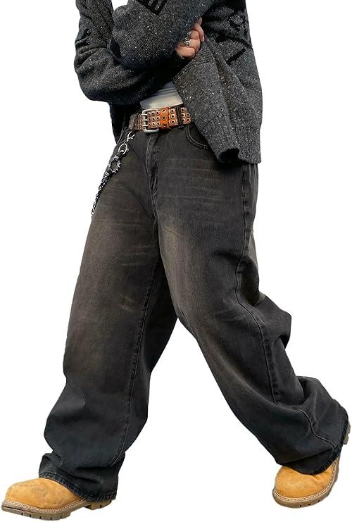 Men's Baggy Hip Hop Jeans Wide Leg Skater Denim Pants Casual Loose Fit Long Trousers Streetwear photo