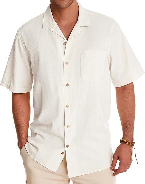 Alimens & Gentle Cuban Linen Shirts for Men Short Sleeve Button Down Shirt Cotton Summer Beach Camp Vacation Hawaiian Shirts photo